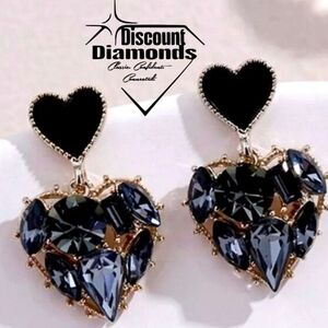 Black Heart Shaped Crystal Drop Dangle Stud Earrings on Silver